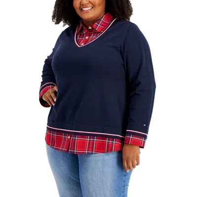 Tommy Hilfiger Plus Womens Plaid Layered Pullover Top In Blue