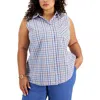 Tommy Hilfiger Plus Womens Plaid Sleeveless Button-down Top In Blue