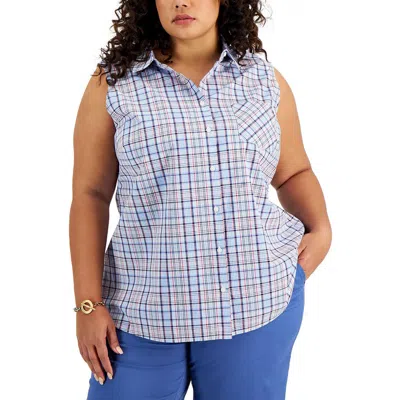 Tommy Hilfiger Plus Womens Plaid Sleeveless Button-down Top In Blue