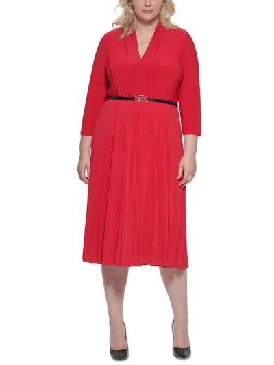 Tommy Hilfiger Plus Womens Pleated V-neck Midi Dress In Red