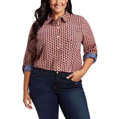 Tommy Hilfiger Plus Womens Printed Cotton Button-down Top In Multi