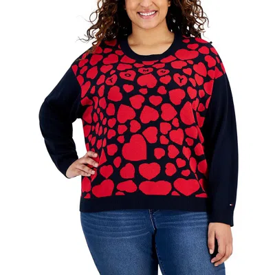 Tommy Hilfiger Plus Size Heart Jacquard Long-sleeve Sweater In Sky Captain,scarlet