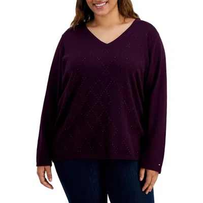 Tommy Hilfiger Plus Womens Rhinestone Cotton Pullover Top In Purple