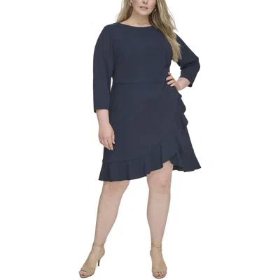 Tommy Hilfiger Plus Womens Ruffled Knee Length Shift Dress In Blue