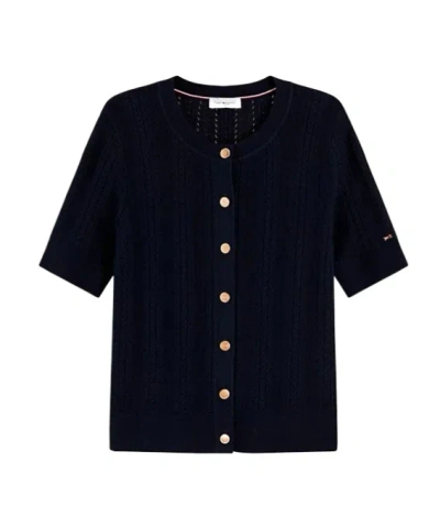 Tommy Hilfiger Pointelle Gold-tone Button Short Sleeve Cardigan In Black