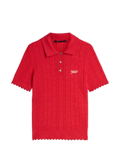 Tommy Hilfiger Pointelle-knit Scalloped-edge Sweater In Red