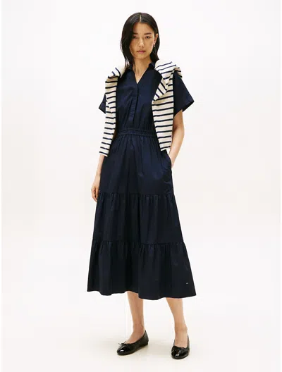 Tommy Hilfiger Poplin Tiered Midi Dress In Blue