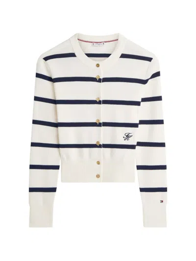 Tommy Hilfiger Premium Horizontal-stripe Knitted Cotton Cardigan In White