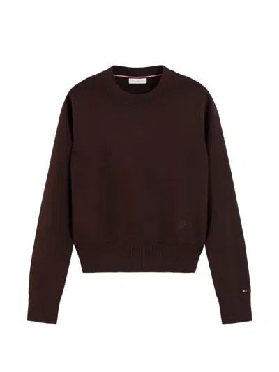 Tommy Hilfiger Premium Logo-embroidered Crew-neck Sweater In Brown