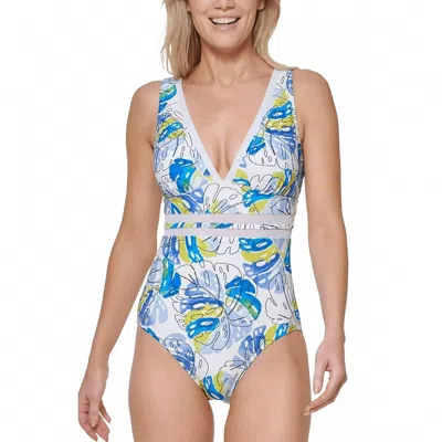 Tommy Hilfiger Printed Mesh Inset Plunge One-piece Swimsuit In White In Blue