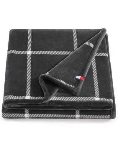 Tommy Hilfiger Printed Plush Plaid Throw Blanket, 70" X 50" In Gray