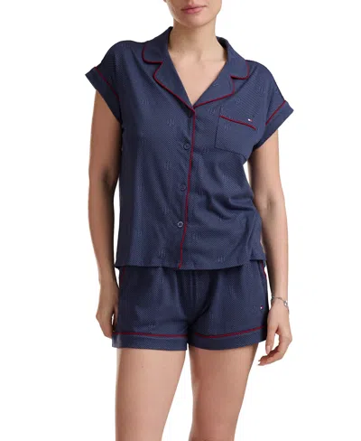 Tommy Hilfiger Printed Shirt And Shorts Pajama Set In Tonal Glyph Sky Captain