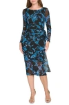 Tommy Hilfiger Provincial Floral Long Sleeve Mesh Midi Dress In Black/blue