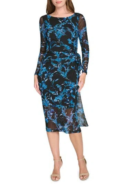 Tommy Hilfiger Provincial Floral Long Sleeve Mesh Midi Dress In Black Blue