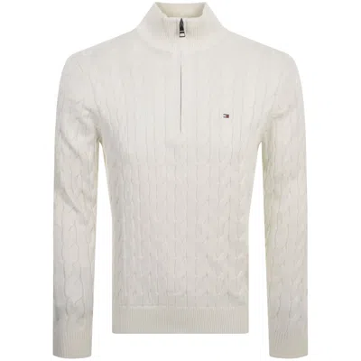 Tommy Hilfiger Quarter Zip Cable Knit Jumper Ivory In Cream