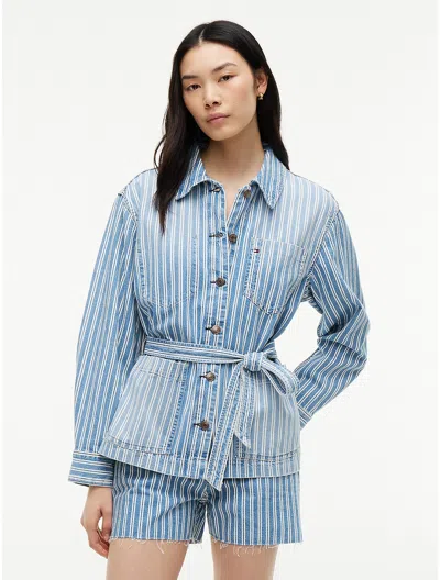 Tommy Hilfiger Railroad Stripe Belted Denim Jacket In Medium Wash