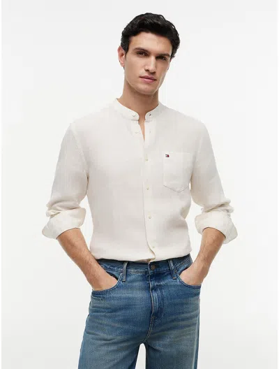 Tommy Hilfiger Regular Fit Band Collar Linen Shirt In White