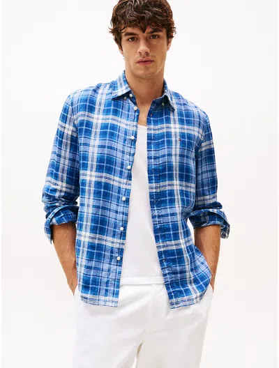 Tommy Hilfiger Regular Fit Check Print Linen Shirt In Blue Check