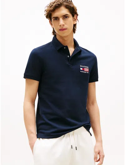Tommy Hilfiger Regular Fit Embroidered Flag Pique Polo In Blue