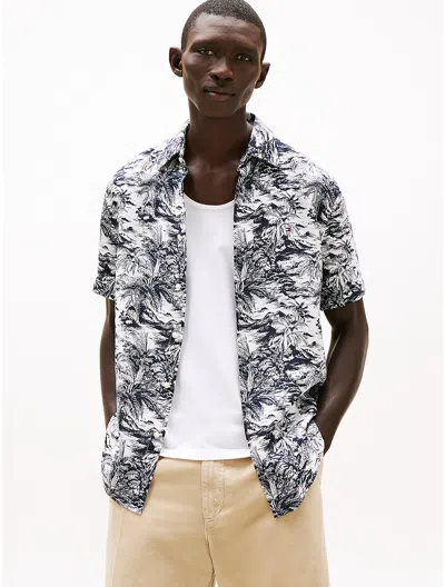 Tommy Hilfiger Regular Fit Island Print Linen Shirt In Navy