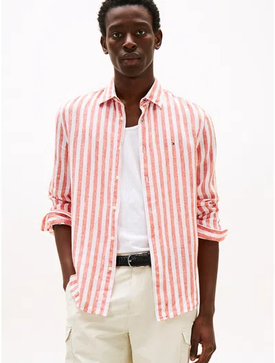 Tommy Hilfiger Regular Fit Linen Stripe Shirt In Orange