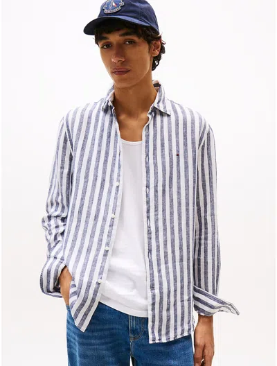 Tommy Hilfiger Regular Fit Linen Stripe Shirt In Blue