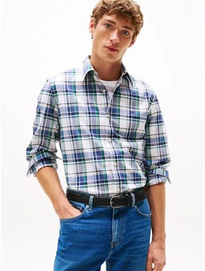 Tommy Hilfiger Regular Fit Madras Stretch Poplin Shirt In Blue