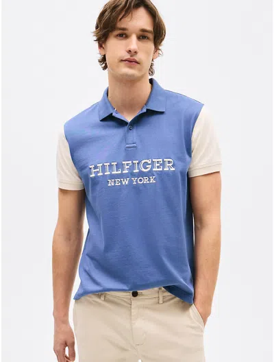 Tommy Hilfiger Regular Fit Monotype Colorblock Polo In Faded Indigo