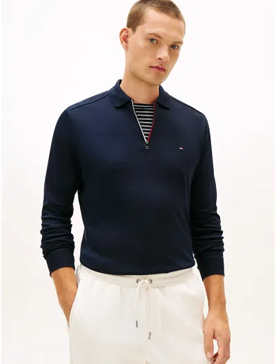 Tommy Hilfiger Regular Fit Smooth Cotton Zip Polo In Blue