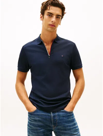 Tommy Hilfiger Regular Fit Smooth Cotton Zip Polo In Blue