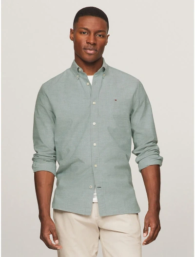 Tommy Hilfiger Regular Fit Solid Stretch Oxford Shirt In Teal Ocean/optic White