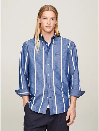 Tommy Hilfiger Regular Fit Stripe Cotton Linen Shirt In Anchor Blue/calico