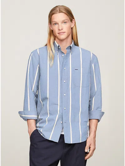 Tommy Hilfiger Regular Fit Stripe Cotton Linen Shirt In Blue Spell/calico