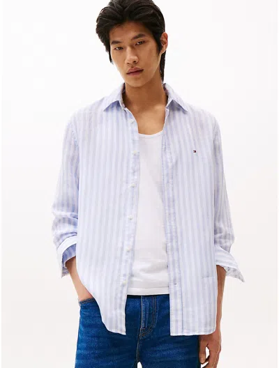 Tommy Hilfiger Regular Fit Stripe Linen Shirt In Breezy Blue/optic White