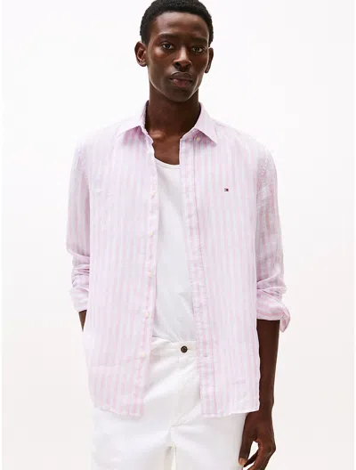 Tommy Hilfiger Regular Fit Stripe Linen Shirt In Classic Pink Stripe/optic White