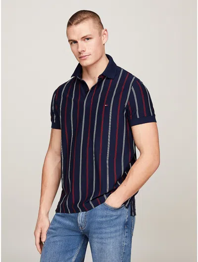 Tommy Hilfiger Regular Fit Vertical Stripe Polo In Carbon Navy/ancient White