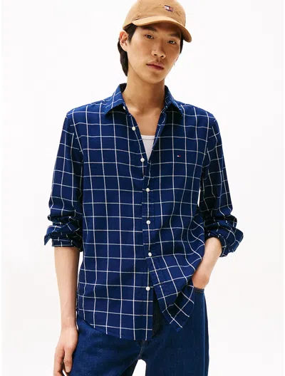 Tommy Hilfiger Regular Fit Windowpane Slub Cotton Shirt In Blue