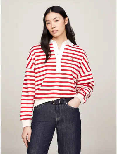 Tommy Hilfiger Relaxed Fit Breton Stripe Rugby Polo In Calico/fierce Red Stripe