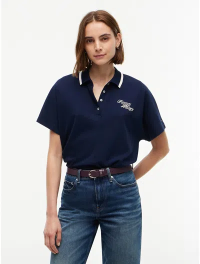 Tommy Hilfiger Relaxed Fit Embroidered Logo Polo In Dark Blue