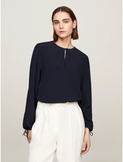 Tommy Hilfiger Relaxed Fit Keyhole Crepe Blouse In Navy