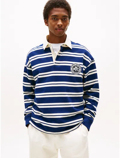 Tommy Hilfiger Relaxed Fit Striped Rugby Sweatshirt In Blue