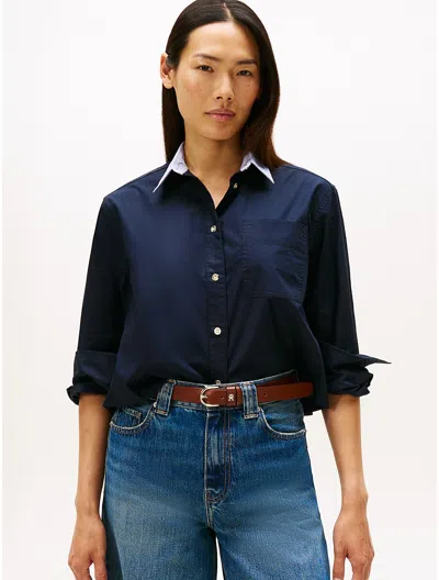 Tommy Hilfiger Relaxed Stripe Collar Poplin Shirt In Blue