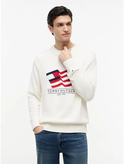Tommy Hilfiger Relaxed Wavy Flag Logo Crewneck Sweater In White