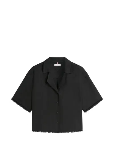 Tommy Hilfiger Relaxed-fit Frayed Short-sleeve Linen Shirt In Black