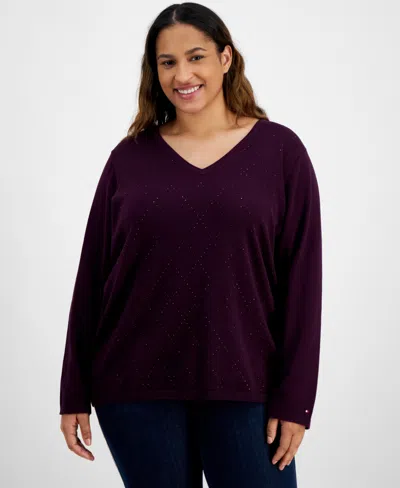 Tommy Hilfiger Rhinestone Argyle Sweater In Aubergine