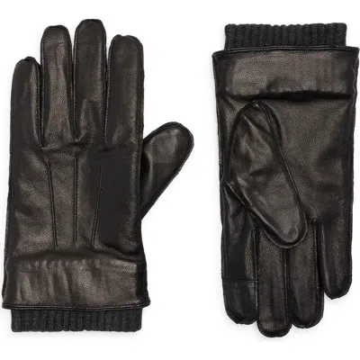 Tommy Hilfiger Ribbed Cuff Leather Gloves In Black
