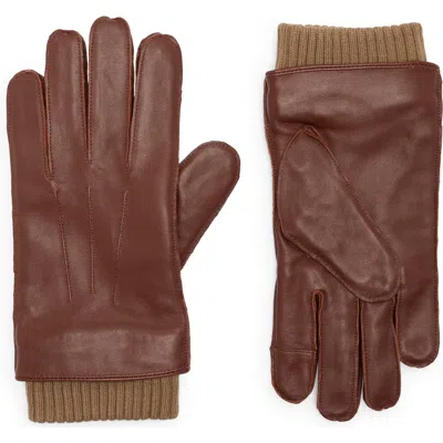 Tommy Hilfiger Ribbed Cuff Leather Gloves In Brown