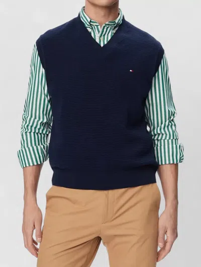 Tommy Hilfiger Ribbed Knit Vest Sleeveless V Neckline In Blue