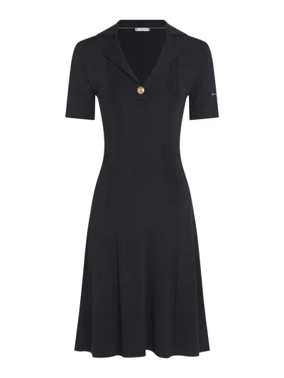 Tommy Hilfiger Ribbed Polo Fit And Flare Jumper Dress In Desert Sky