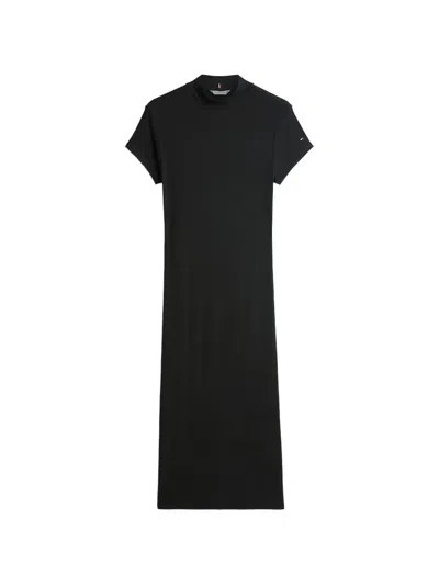 Tommy Hilfiger Ribbed Short-sleeve Midi Dress In Black